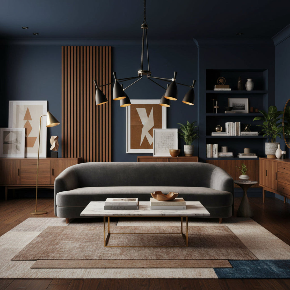 Orion Multi-Cone Chandelier Model 33170 angled product view with six tapered black cone shades