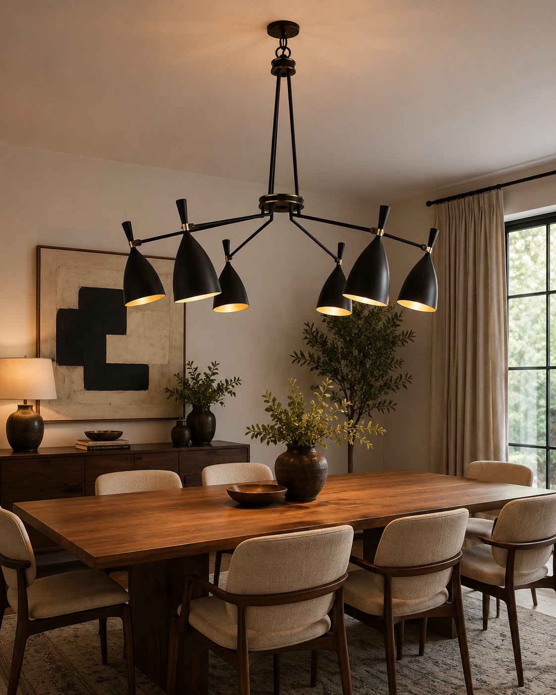 Orion Multi-Cone Chandelier Model 33170 installed above a large wooden dining table in a modern dining room