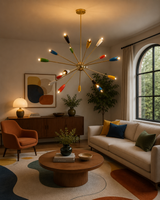 Orion Multicolor Sputnik Chandelier 18 Light 39 Inch Installed in a Mid-Century Modern Living Room Model 62174