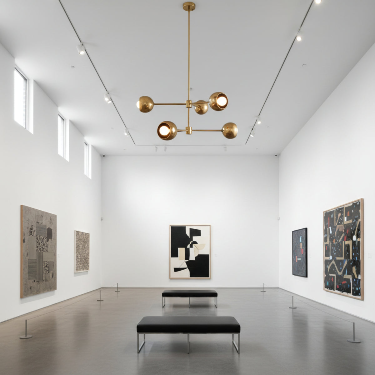 Orion Orbit 6 Light Brass Globe Chandelier with two-tier branching arms – straight view