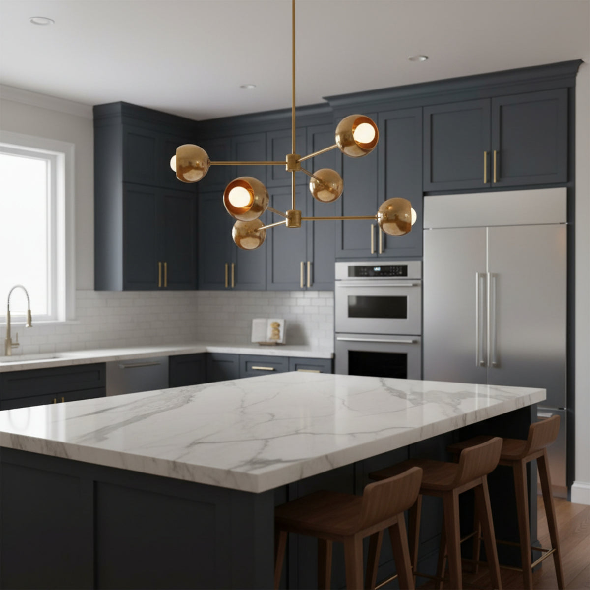 Orion Orbit Globe Chandelier with six rounded brass shades and asymmetric arms – angled view