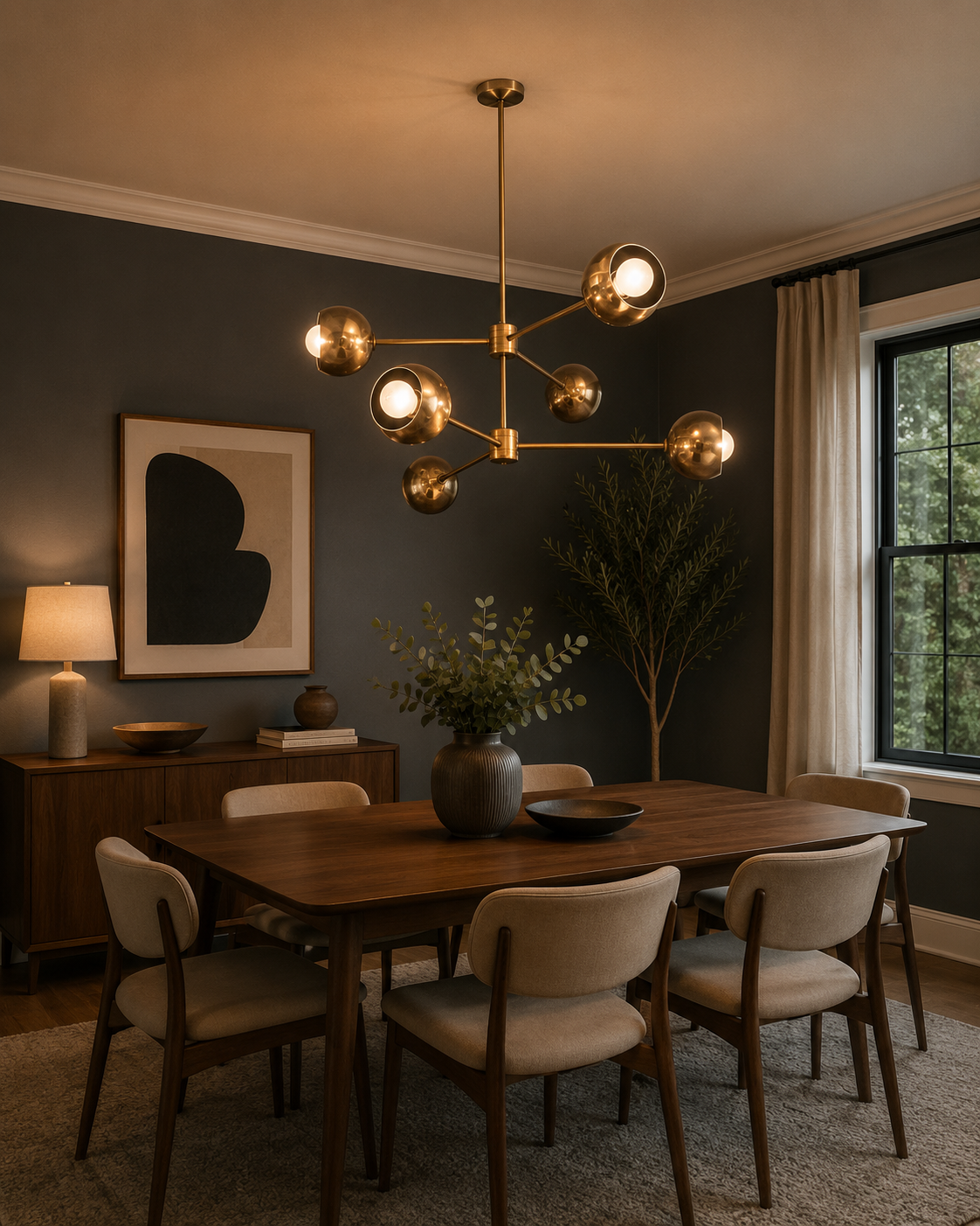 Orion Orbit 6 Light Brass Globe Chandelier illuminated above a modern dining table – lifestyle view