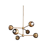 Orion 6 Light Orbit Globe Chandelier in aged brass with sculptural multi-arm design – side angle