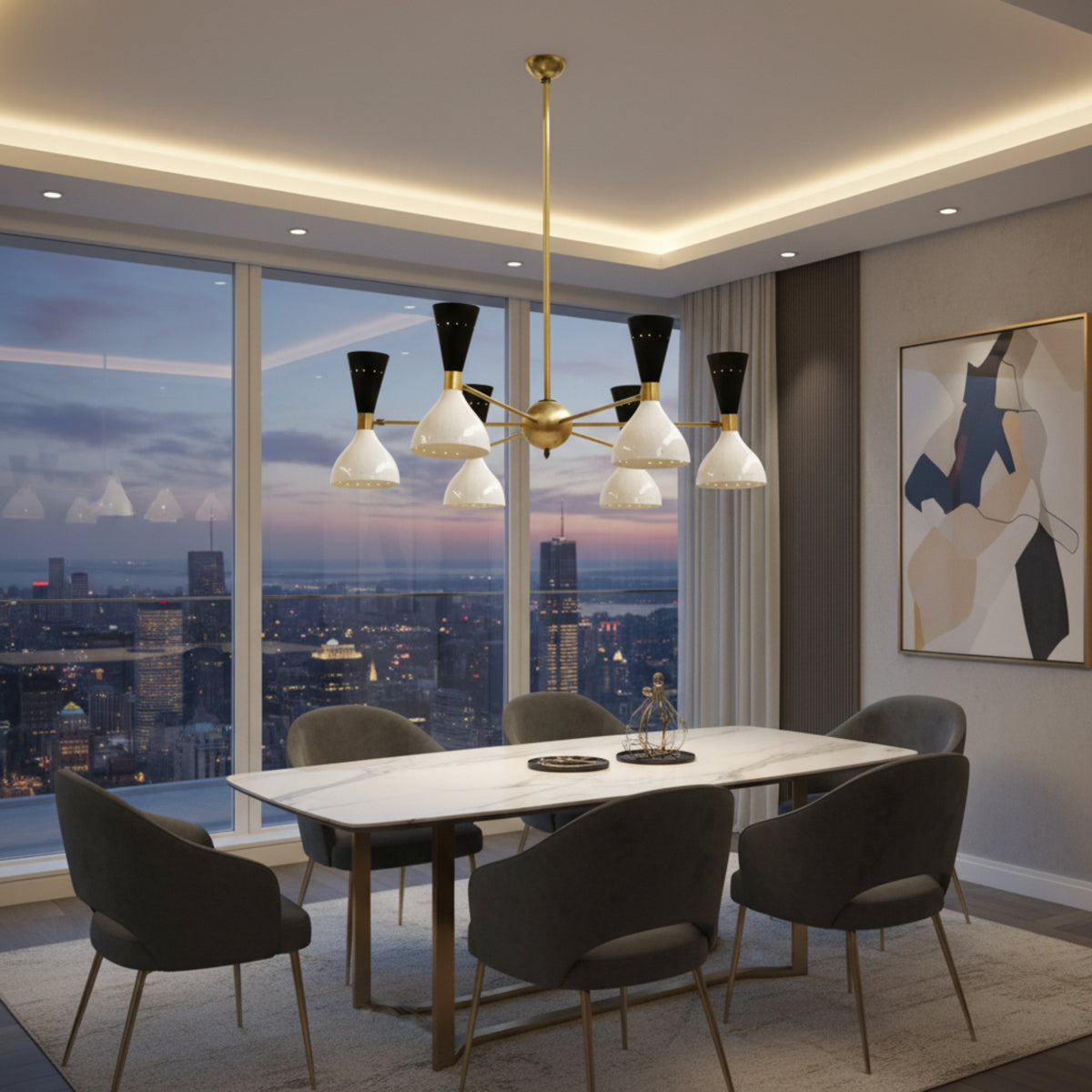 Orion 12 Light brass chandelier with radial arms and perforated black and white shades – Model 62034