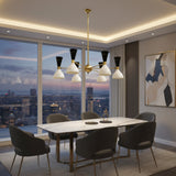Orion 12 Light brass chandelier with radial arms and perforated black and white shades – Model 62034