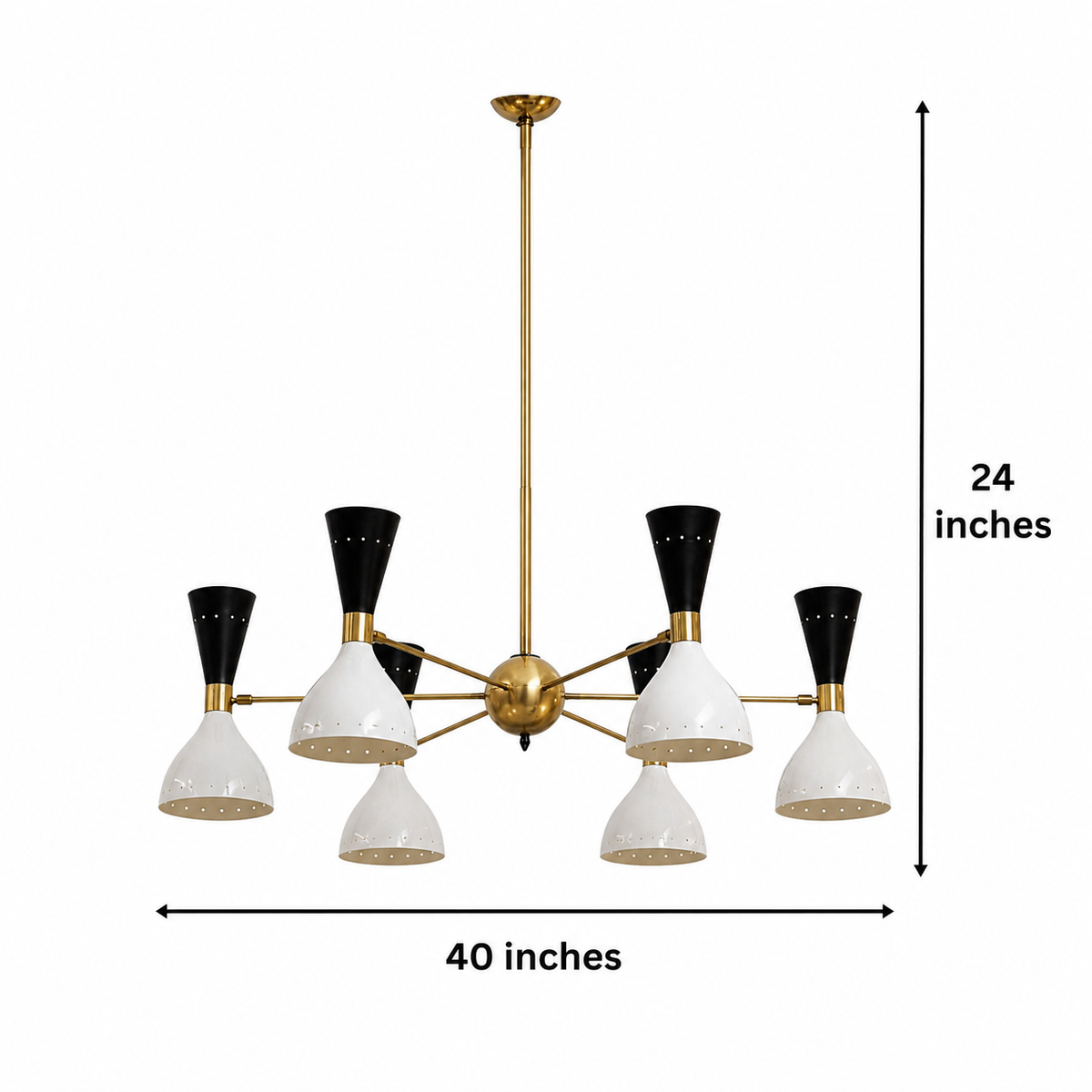 Orion Perforated Cone 12 Light chandelier dimensions – 40 inch width and 24 inch height – Model 62034
