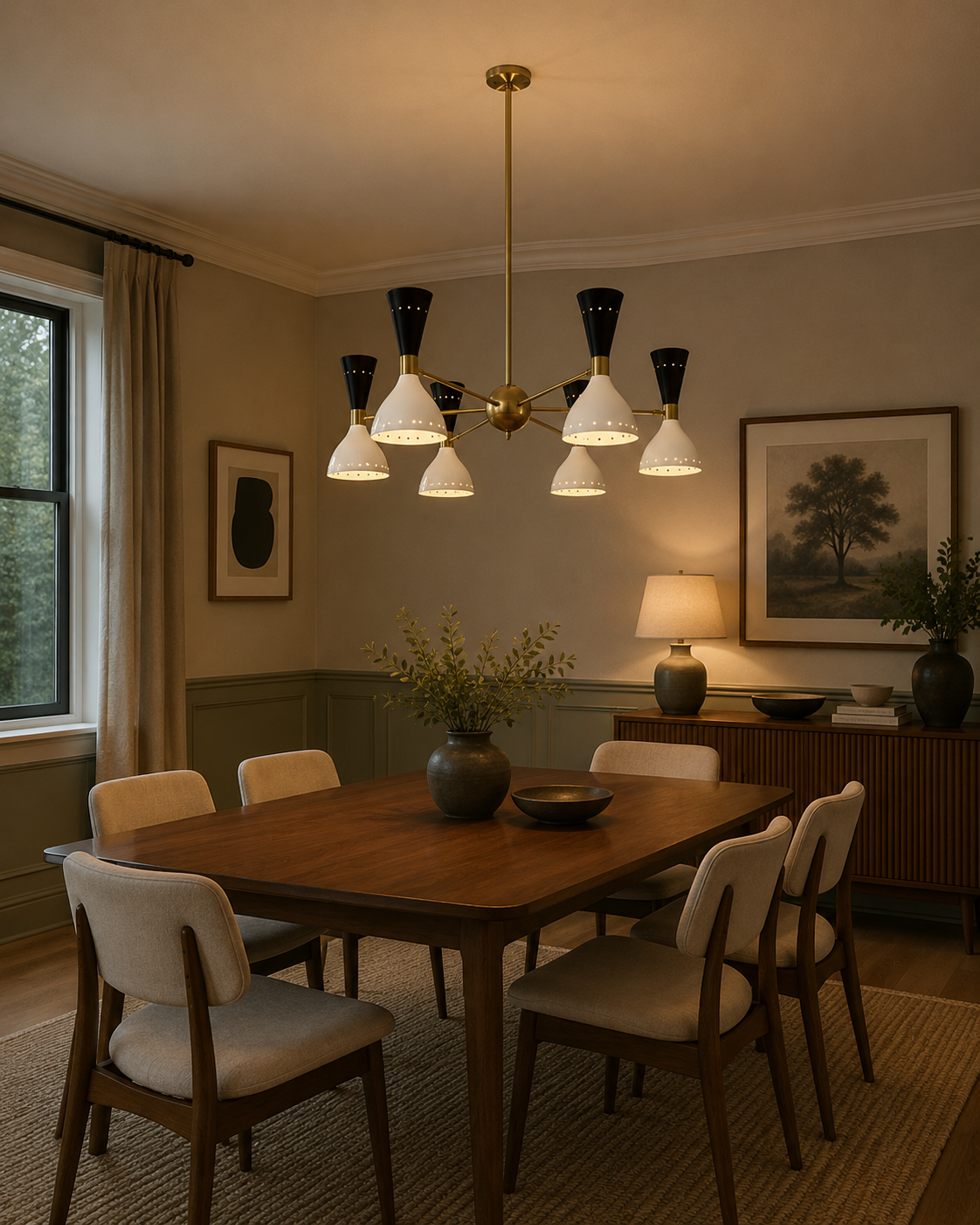 Orion Perforated Cone 12 Light chandelier installed above a dining table in a Mid-Century Modern dining room – Model 62034