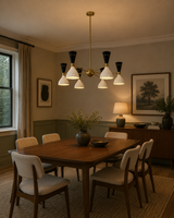 Orion Perforated Cone 12 Light chandelier installed above a dining table in a Mid-Century Modern dining room – Model 62034