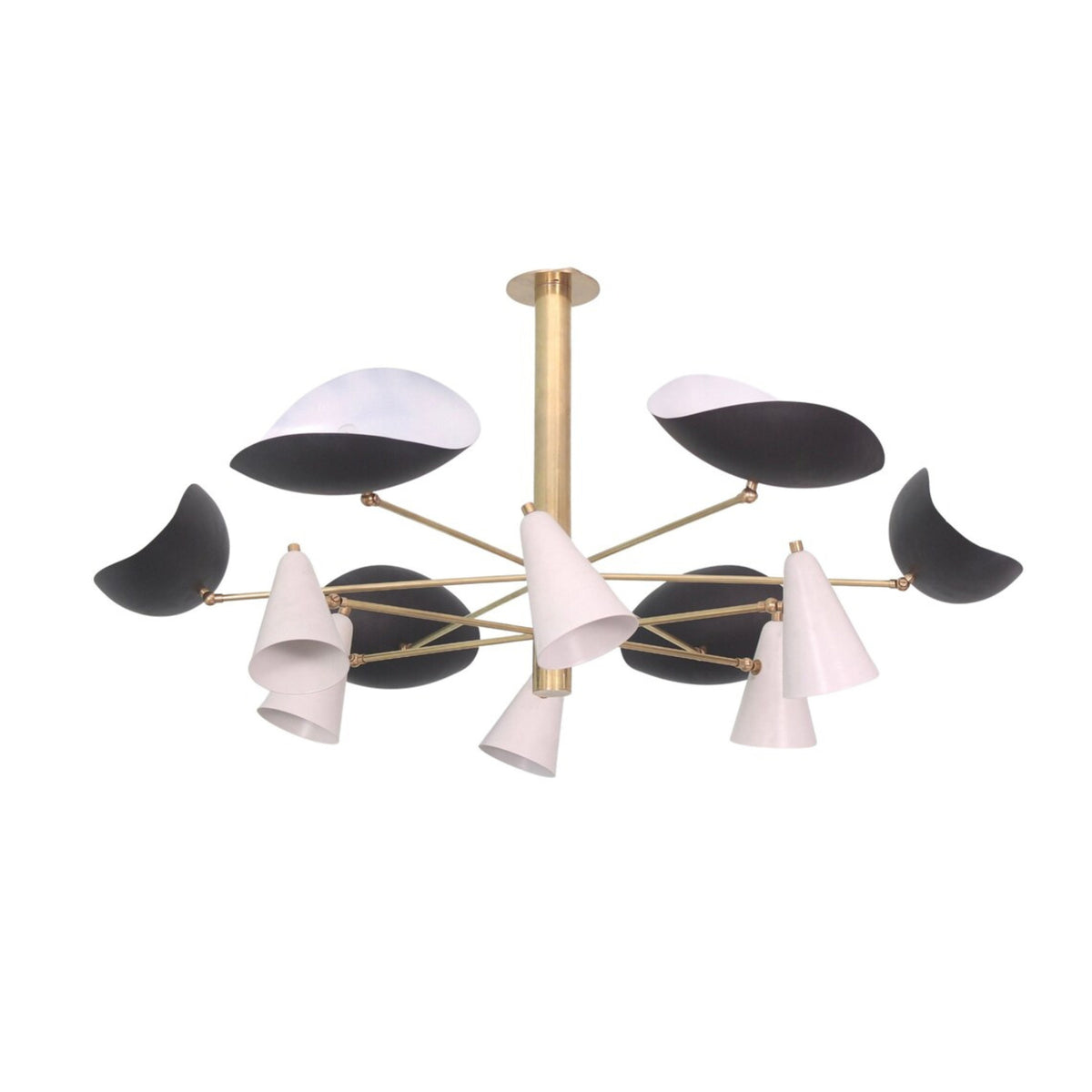 Orion Sculptural Multi-Shade Chandelier 12 Light 45 Inch Model 33161 front view with black and white shades