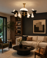 Orion Sculptural Multi-Shade Chandelier 12 Light installed in a modern living room with warm ambient lighting