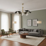 Orion 12 Light Sculptural Chandelier with brass frame and mixed black and white geometric shades