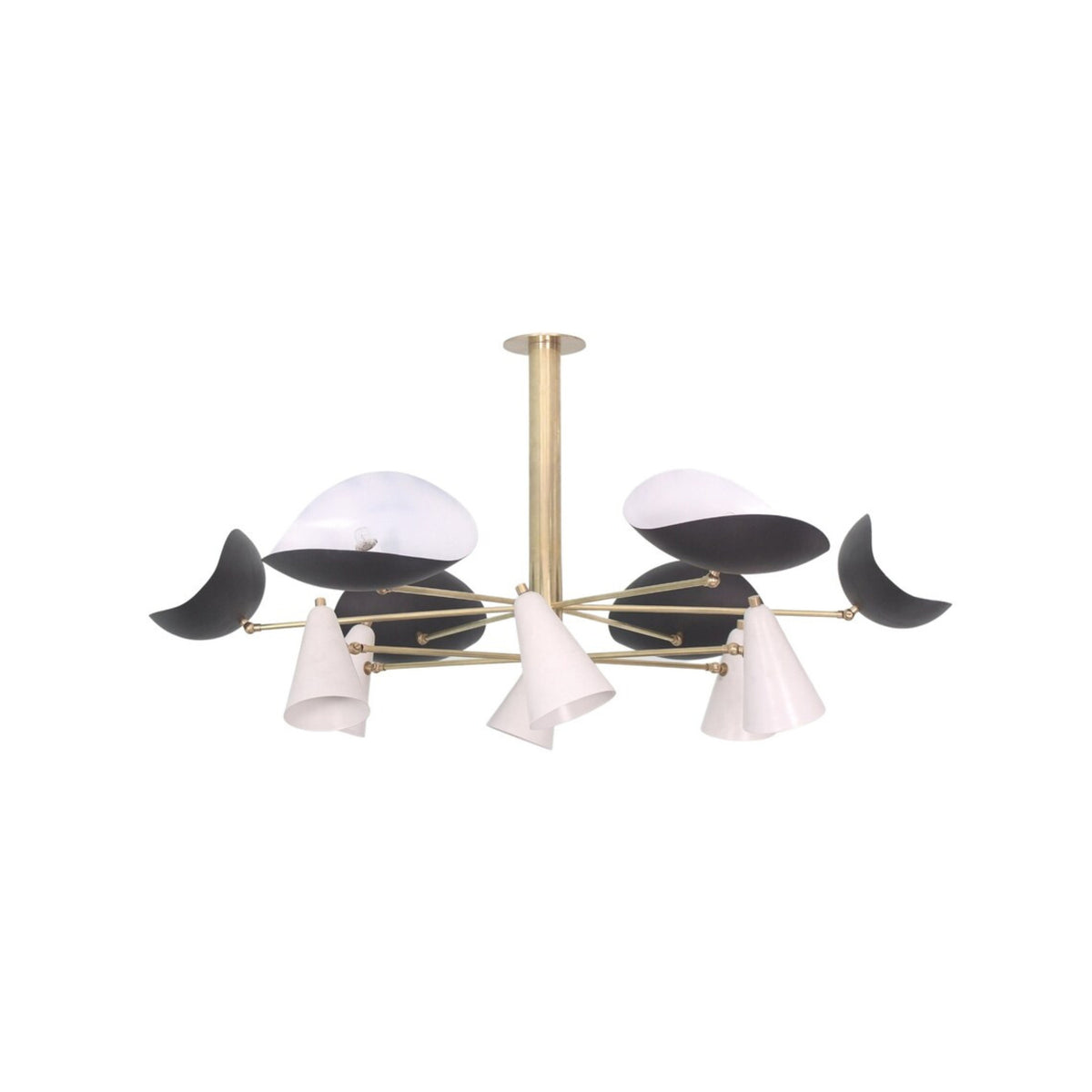 Orion 45 Inch Multi-Shade Chandelier Model 33161 with sculptural black and white shades on white background