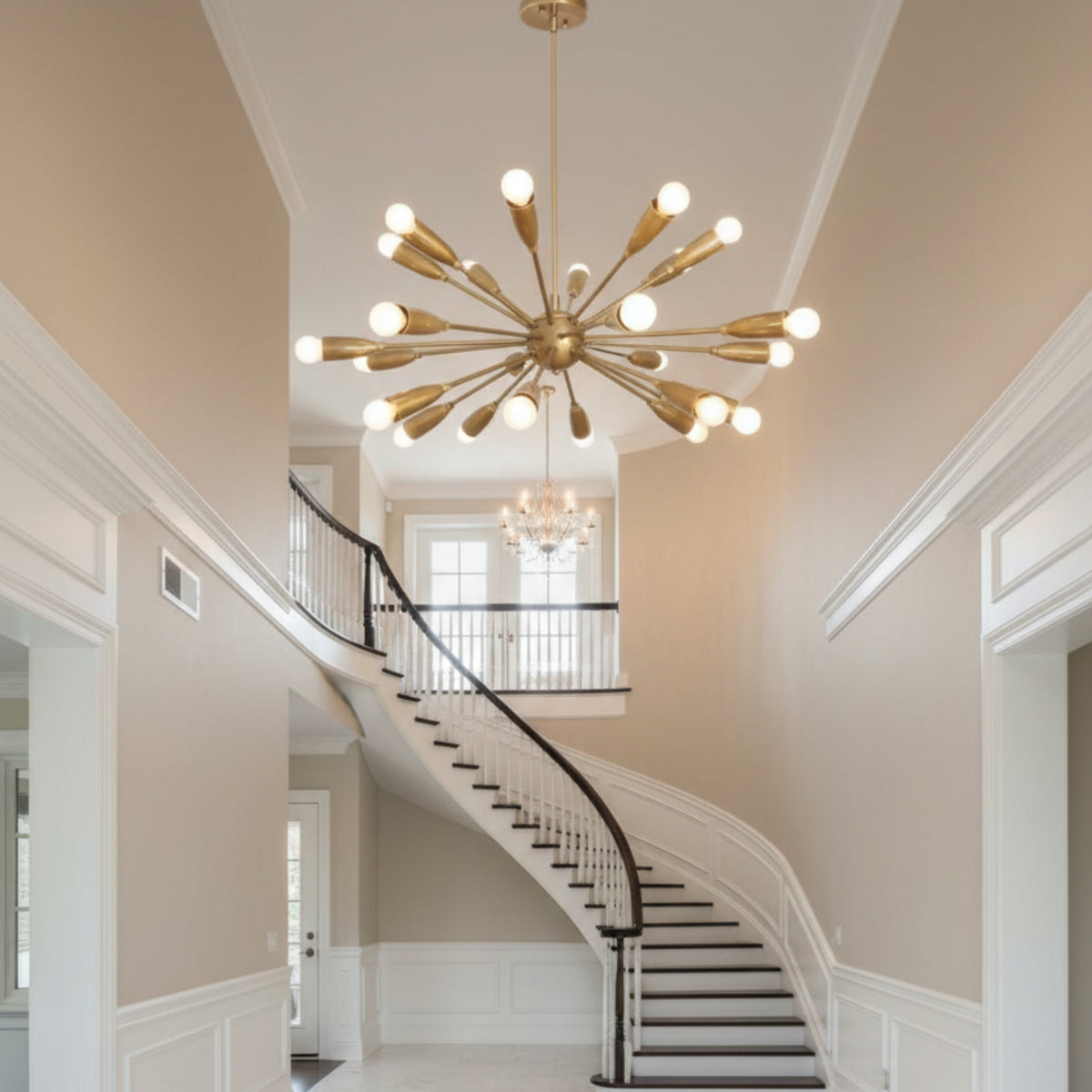 Orion 24 Light brass Sputnik chandelier angled view showing radial arms and tapered cone details