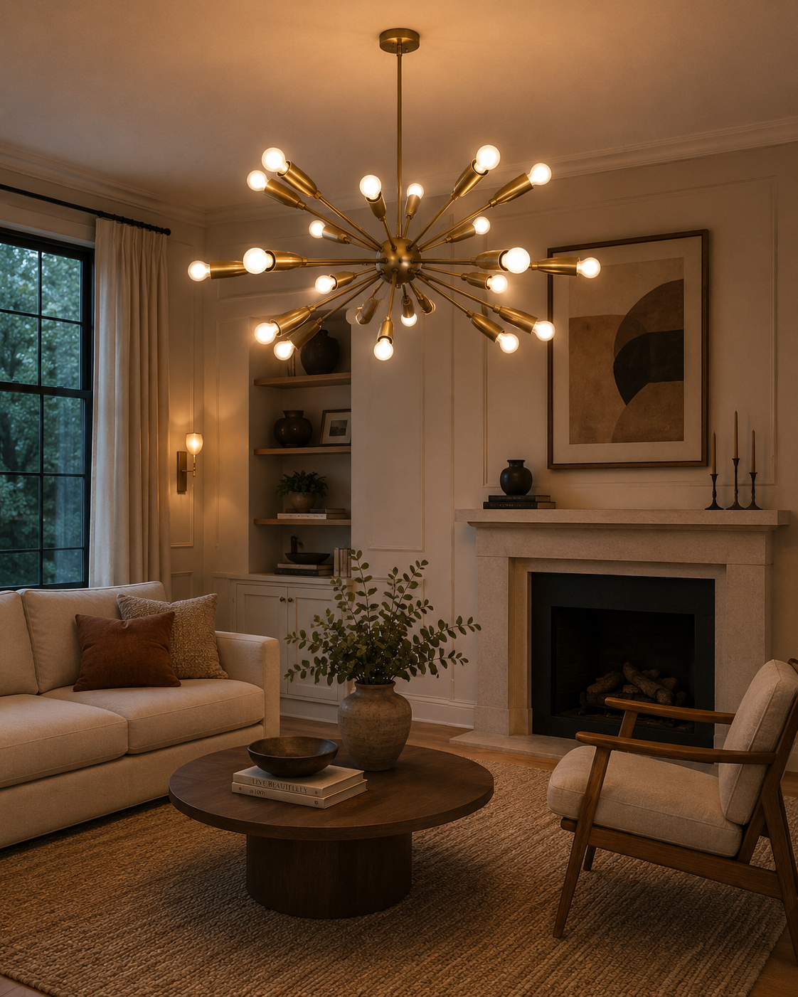 Orion 24 Light brass Sputnik chandelier installed in an elegant modern living room