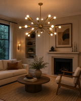 Orion 24 Light brass Sputnik chandelier installed in an elegant modern living room