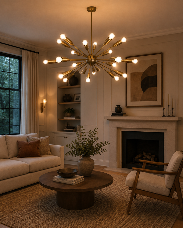 Orion 24 Light brass Sputnik chandelier installed in an elegant modern living room