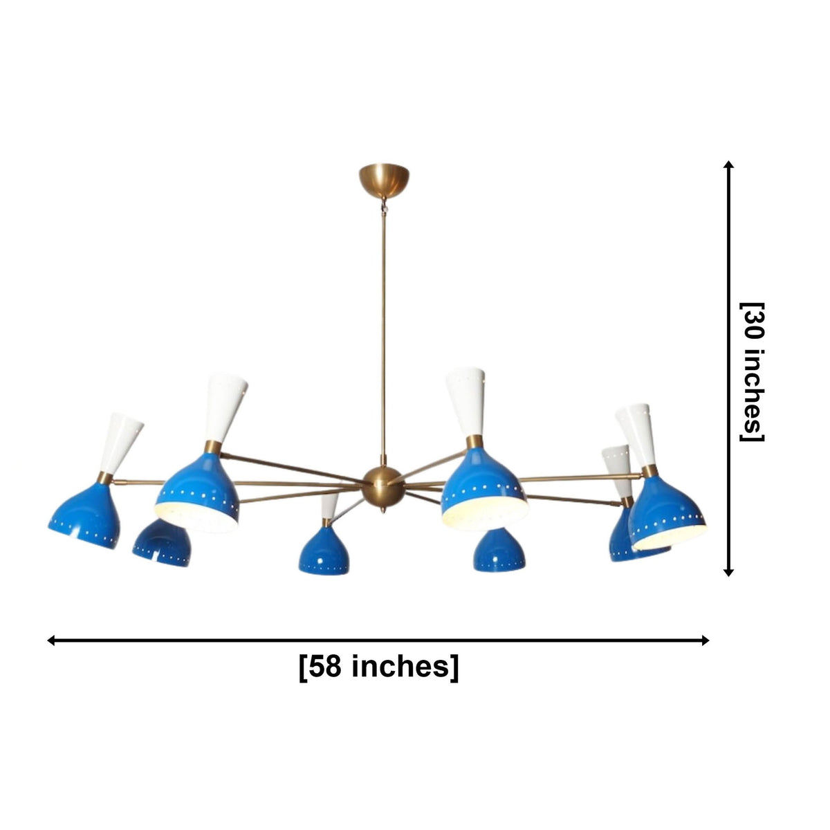 Oslo Cobalt Multi-Cone 16 Light Chandelier dimensions showing 58 inch width and 30 inch height