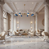 Front view of Oslo Cobalt Multi-Cone 16 Light Chandelier with blue and white metal shades