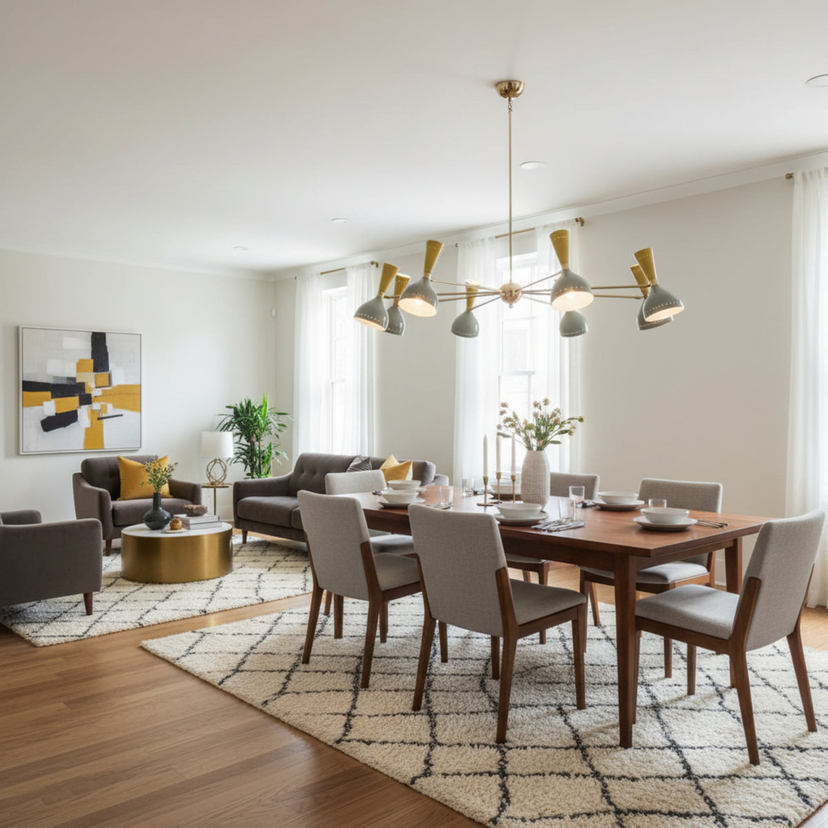 Oslo Cobalt Multi-Cone 16 Light Chandelier with blue and white shades and brass arms on white background