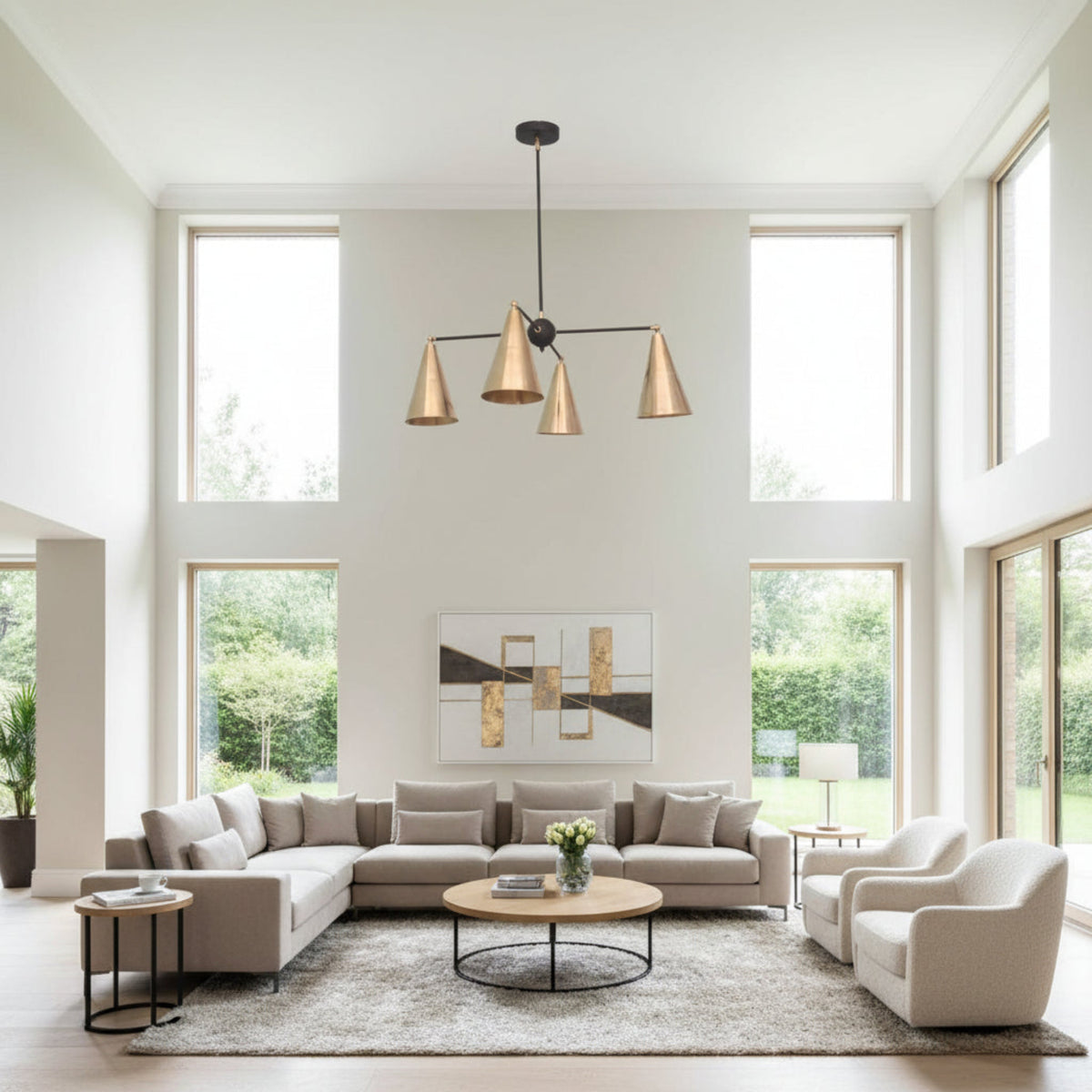 Oslo 4 Light Chandelier featuring elongated brass cone shades and sculptural arms, angled view, Model 62009