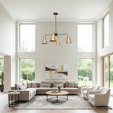 Oslo 4 Light Chandelier featuring elongated brass cone shades and sculptural arms, angled view, Model 62009
