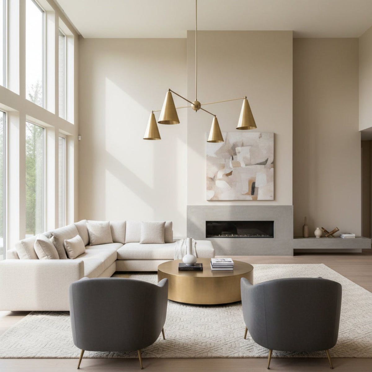Oslo 4 Light Multi-Cone Chandelier in warm brass tone with geometric multi-arm design, Model 62009