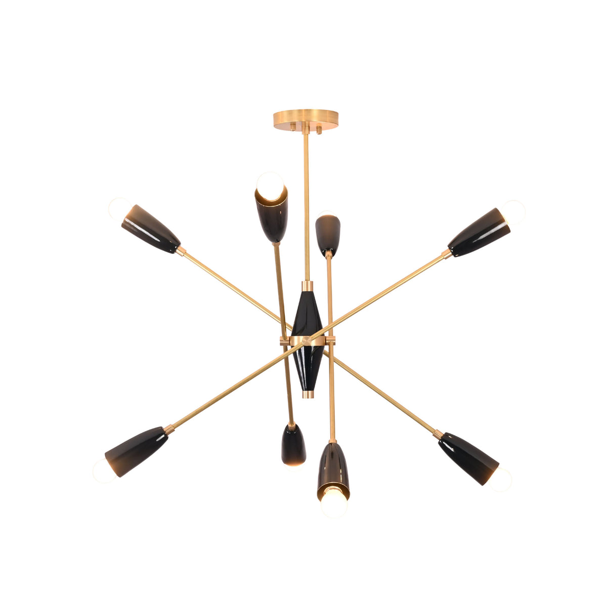 Angled view of the Oslo Mid-Century Modern Sputnik Chandelier featuring black cone shades and brass frame