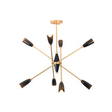 Angled view of the Oslo Mid-Century Modern Sputnik Chandelier featuring black cone shades and brass frame