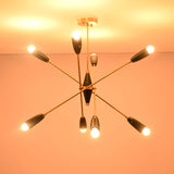 Close-up of the Oslo Mid-Century Modern Sputnik Chandelier showing black cone shades and brushed brass details