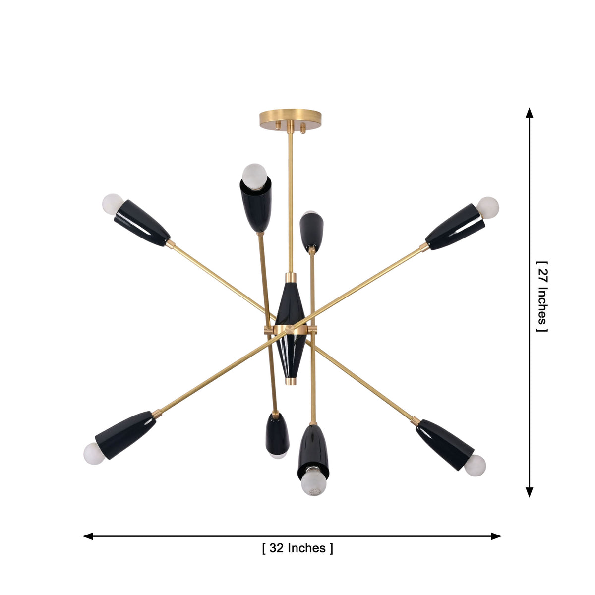 Oslo Mid-Century Modern Sputnik Chandelier showing 32-inch width and 27-inch height dimensions