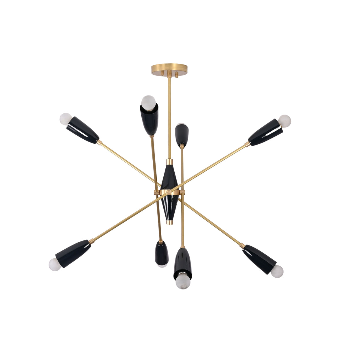Front view of the Oslo Mid-Century Modern Sputnik Chandelier with eight black cone shades and brushed brass arms