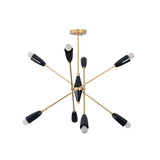 Front view of the Oslo Mid-Century Modern Sputnik Chandelier with eight black cone shades and brushed brass arms