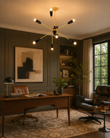Oslo Mid-Century Modern Sputnik Chandelier installed in a stylish home office with warm ambient lighting
