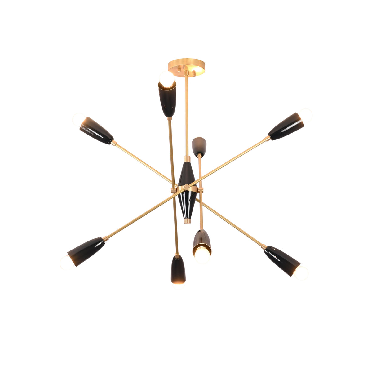 Illuminated Oslo Mid-Century Modern Sputnik Chandelier with eight-light starburst design in brushed brass and black