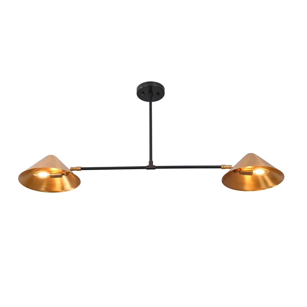 Oslo Modern Double Cone Linear Chandelier illuminated with warm ambient lighting