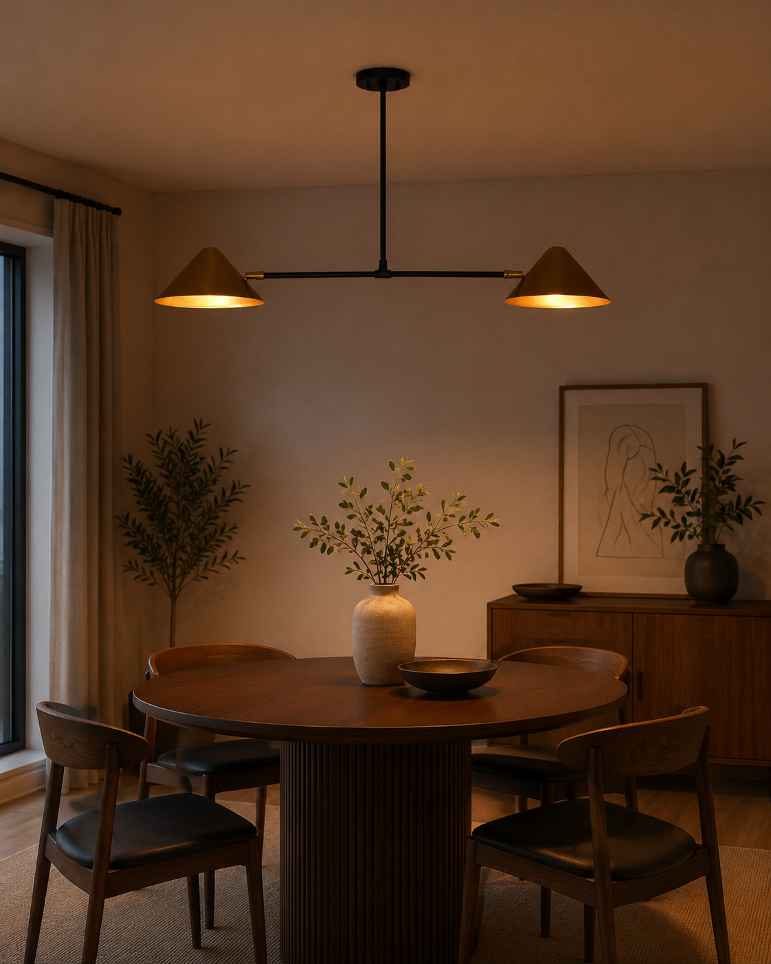 Oslo Modern Double Cone Linear Chandelier installed above a modern dining table in a contemporary dining room