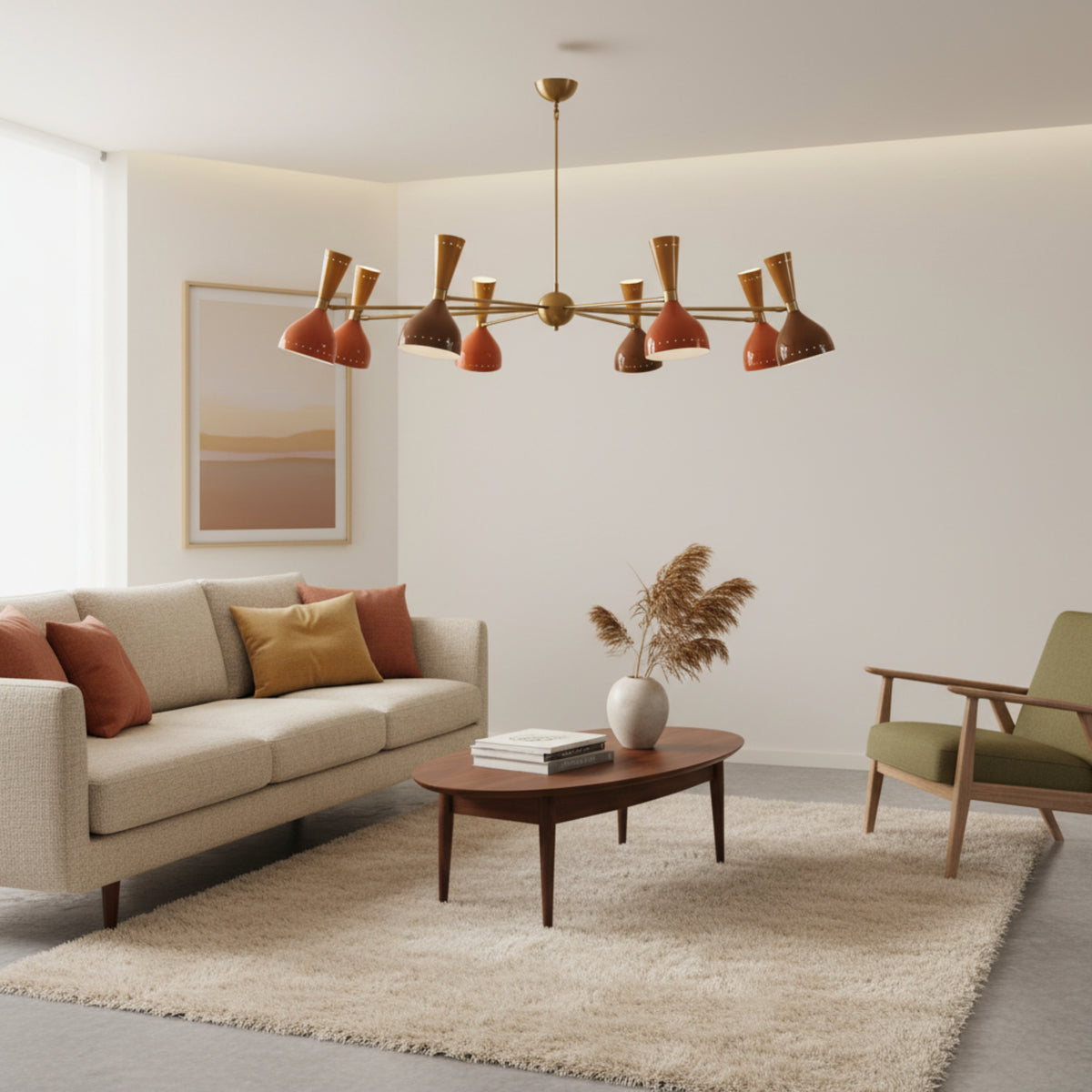 Oslo Multi-Cone 16 Light Chandelier in warm orange and brown shade color variant with brass frame