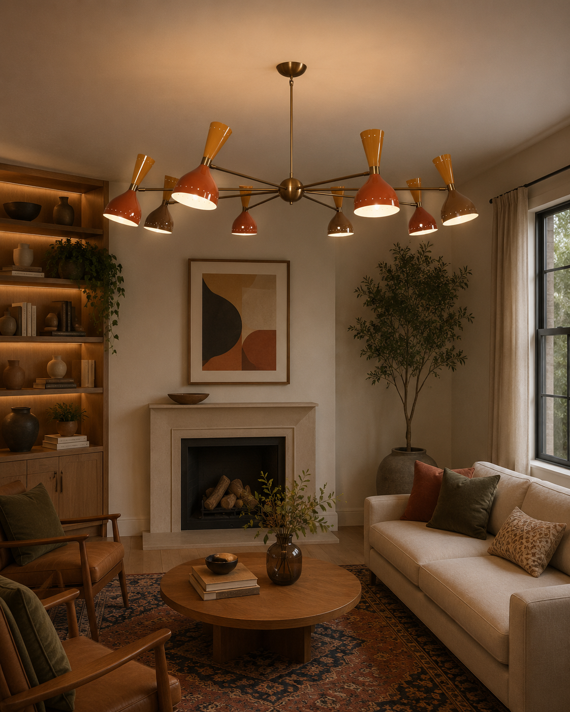 Oslo Multi-Cone 16 Light Chandelier illuminated in a warm Mid-Century Modern living room interior