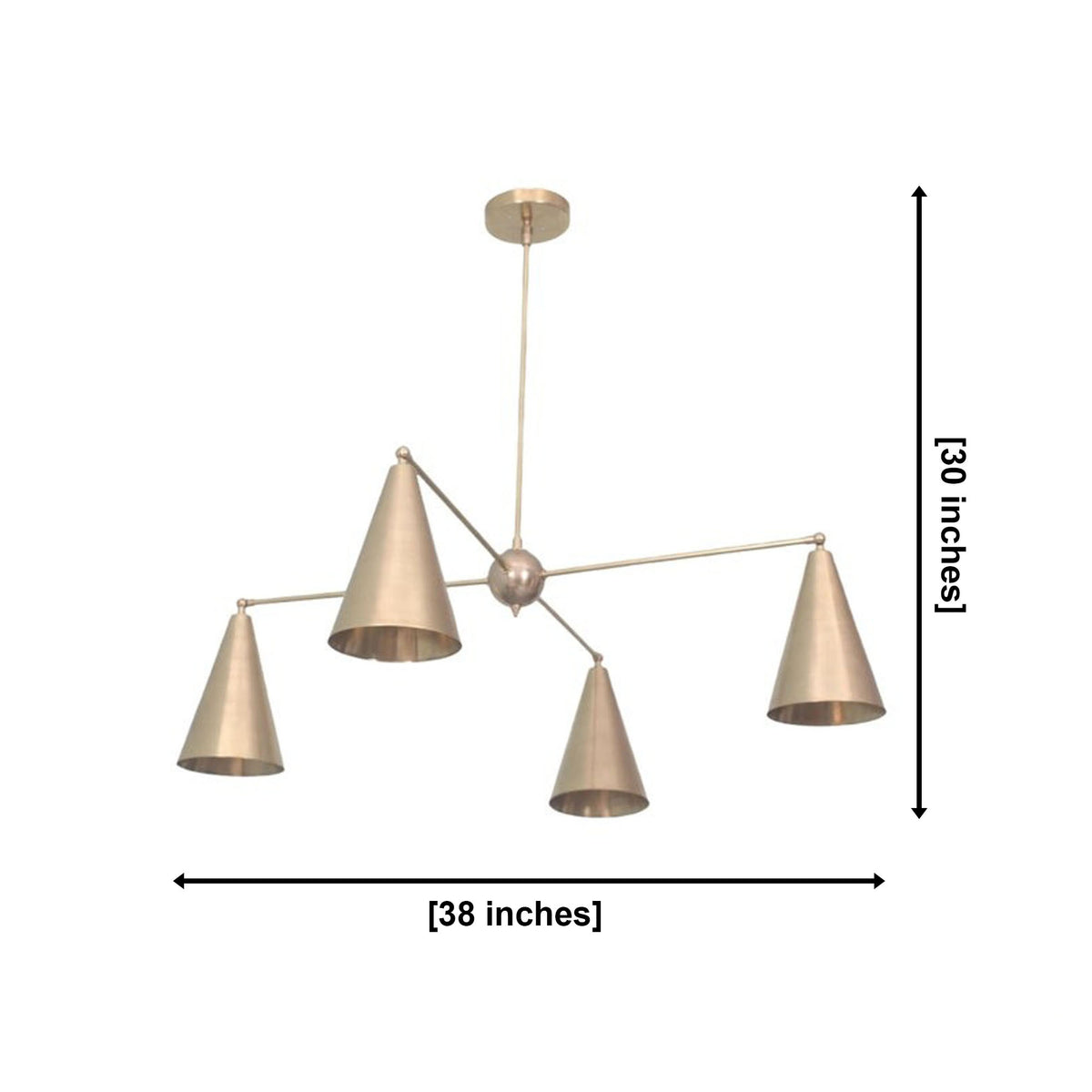 Oslo Multi-Cone Chandelier dimensions, 38 inch wide and 30 inch high, 4 light ceiling fixture, Model 62009