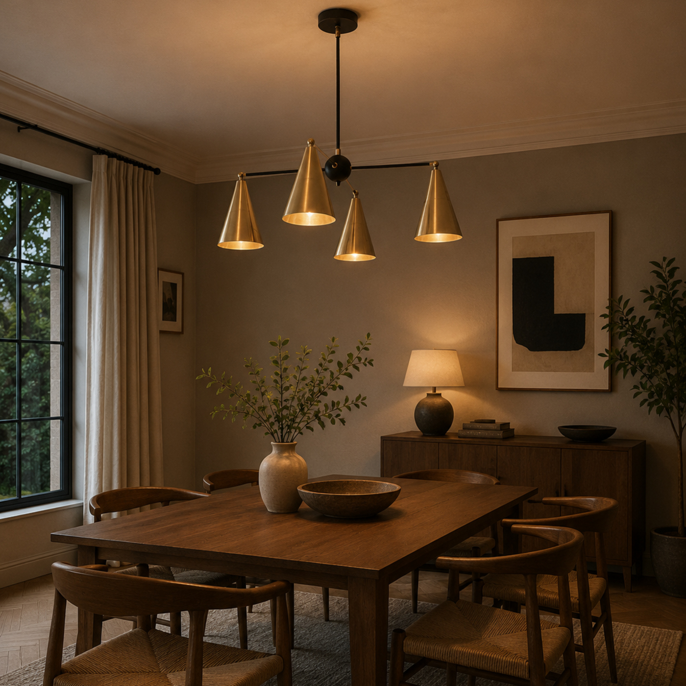 Oslo 4 Light Multi-Cone Chandelier installed above a wooden dining table in a warm modern dining room, Model 62009