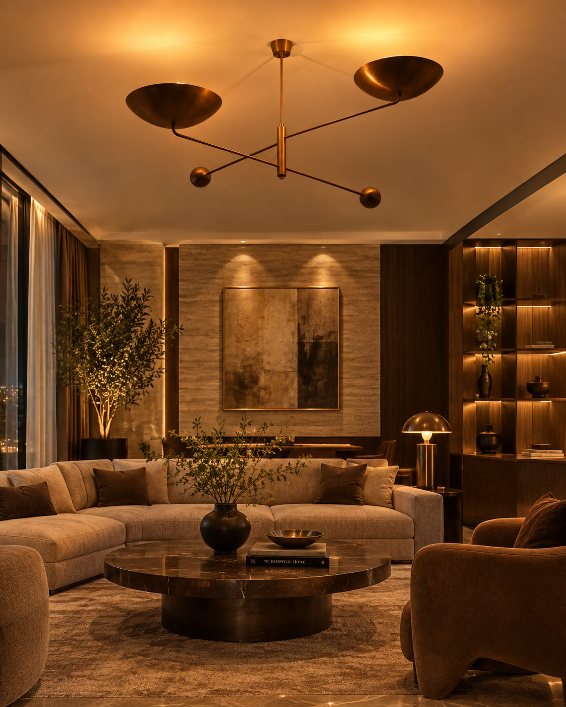 Oslo sculptural chandelier with two wide bowl shades, slim brass arms, and decorative ball accents
