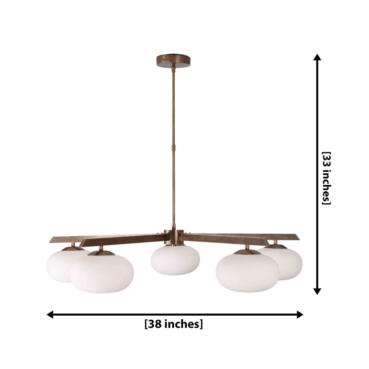 5-light oval glass ball chandelier shown illuminated with warm ambient glow and brass linear frame