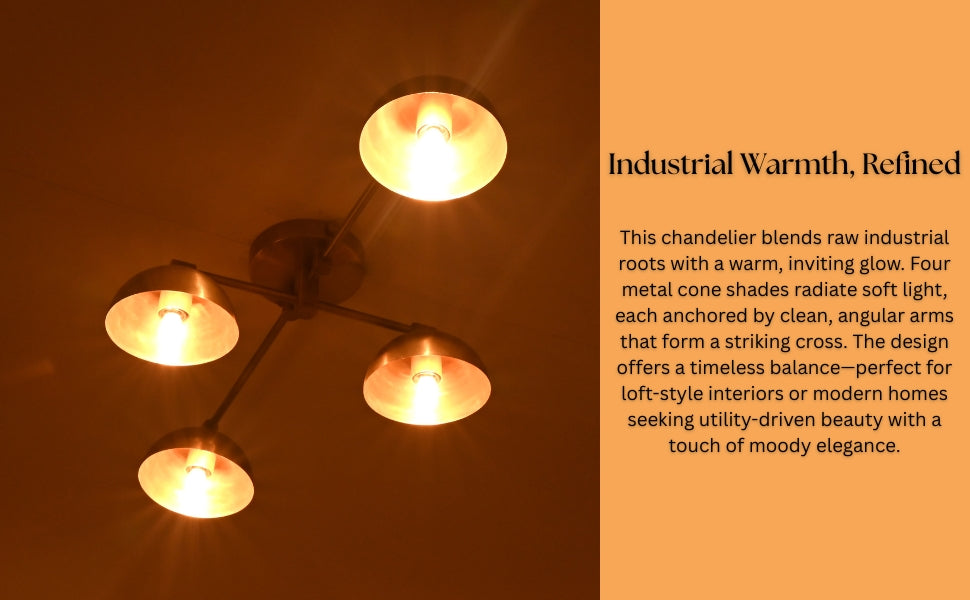 Top-down view of 4-light brass patina chandelier – modern layout with symmetrical cone-shaped dome shades