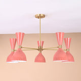 Modern peach double cone brass chandelier with six lights in brushed brass finish by Brass Leaf Studio