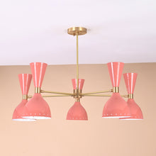 Modern peach double cone brass chandelier with six lights in brushed brass finish by Brass Leaf Studio