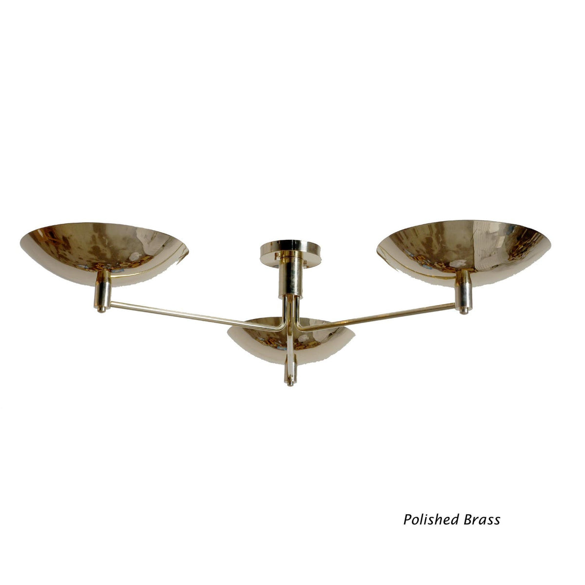 Polished brass 3-light flushmount ceiling light featuring high-gloss reflective finish and sculptural brass bowls