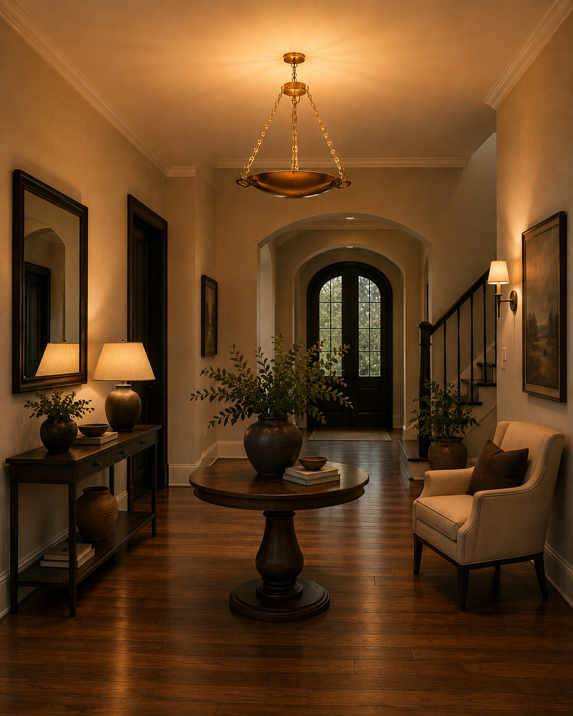 Polished brass entryway chandelier with decorative chain suspension and wide bowl shade for classic home lighting