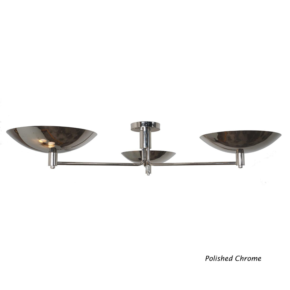 Polished chrome 3-light flushmount ceiling light with reflective bowl shades and sleek modern silhouette
