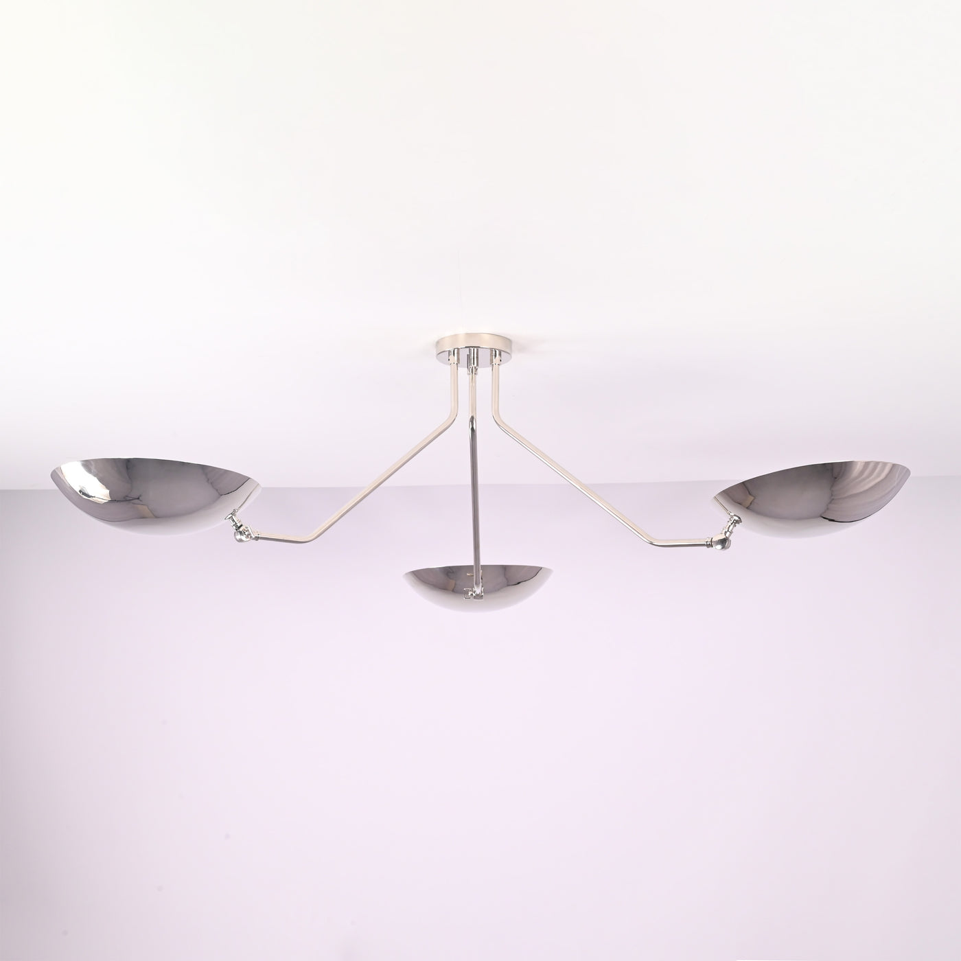 Polished chrome 3 light semi flush mount ceiling light with brass bowl shades, modern minimalist design by Brass Leaf Studio.