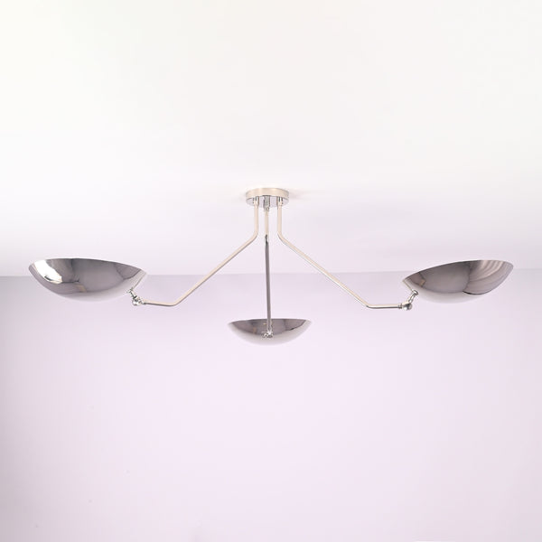 Polished chrome 3 light semi flush mount ceiling light with brass bowl shades, modern minimalist design by Brass Leaf Studio.